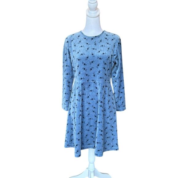 LL Bean Floral Velvet Velour Mini Dress Long Sleeve Blue Womens Size XS Petite - Picture 1 of 9
